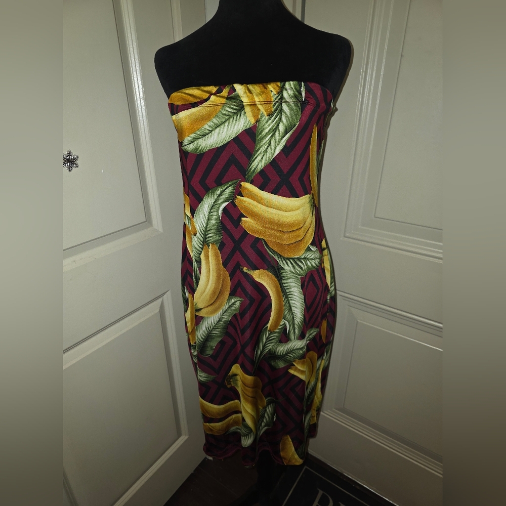 Strapless Tropical Banana Print Bodycon Dress  Small - Picture 2 of 4